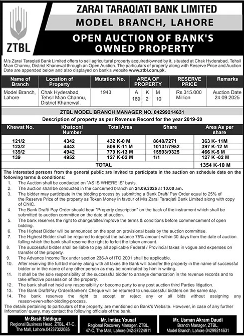 Zarai Taraqiati Bank Limited Lahore Tender Notice